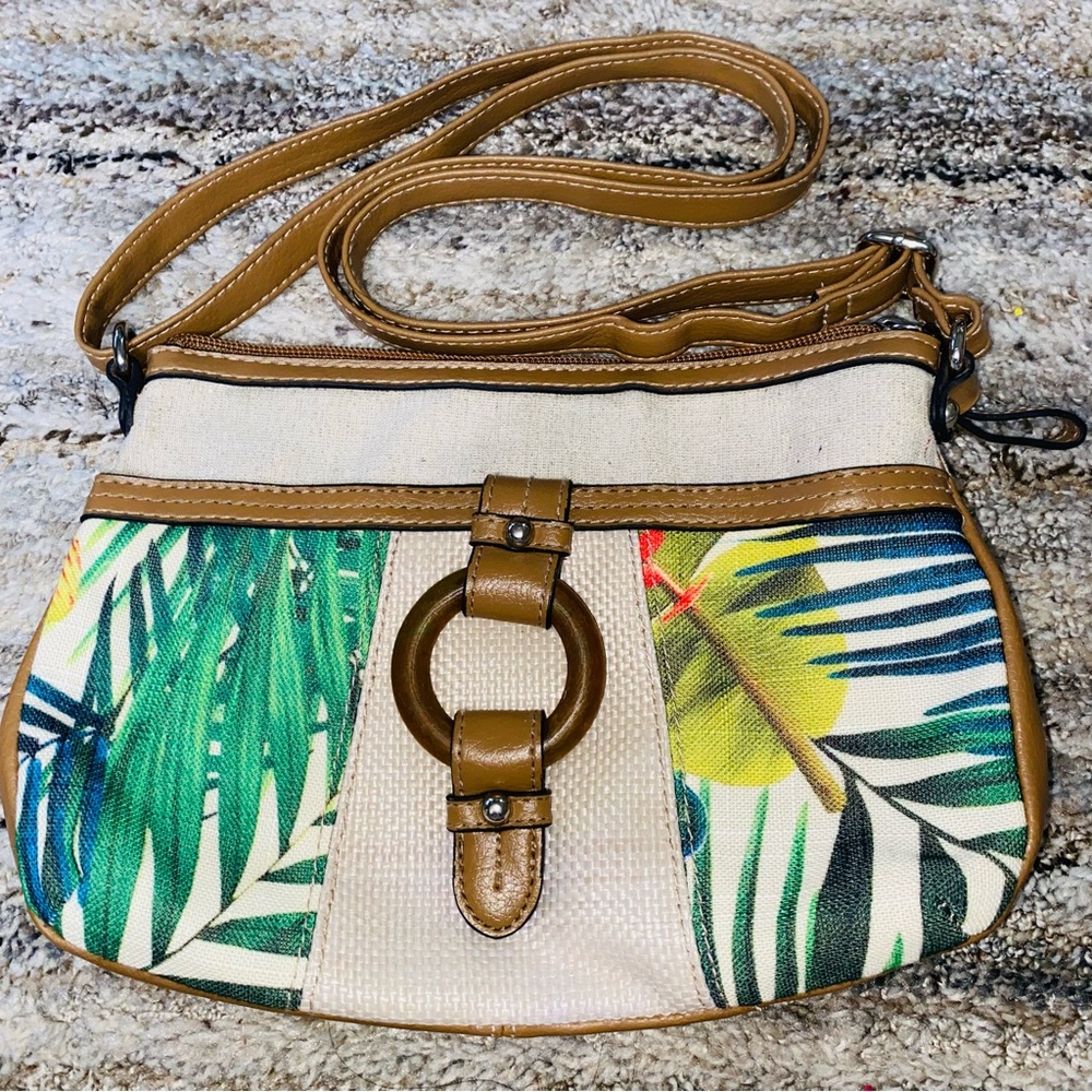 Tropical Leaf Canvas Crossbody Bag with Tan Trim (14)